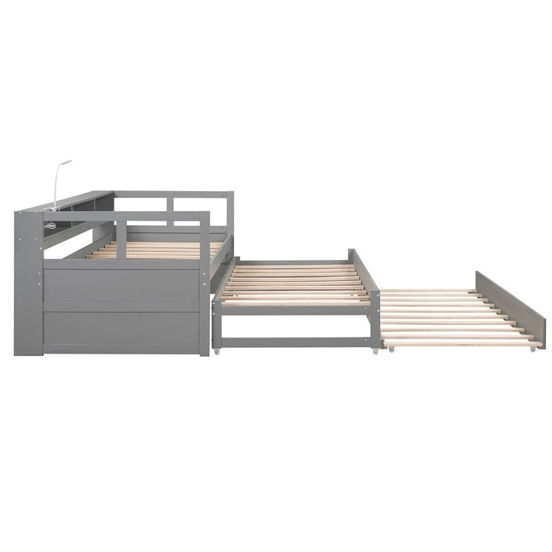 Lit de repos double XL en bois avec 2 lits gigognes, 3 compartiments de rangement et port de chargement USB