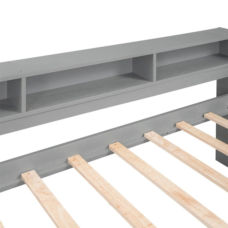 Lit de repos double XL en bois avec 2 lits gigognes, 3 compartiments de rangement et port de chargement USB