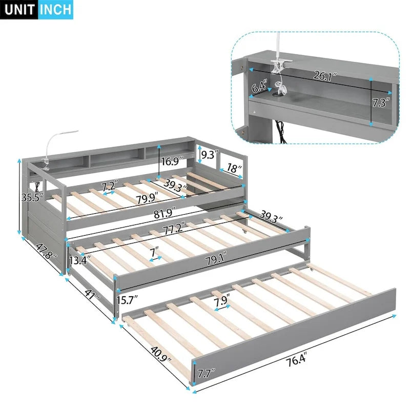 Lit de repos double XL en bois avec 2 lits gigognes, 3 compartiments de rangement et port de chargement USB