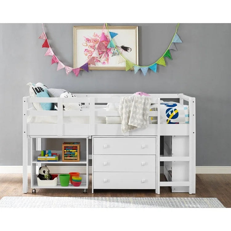 Lit mezzanine jumeau avec bureau, lit mezzanine jumeau bas pour enfants avec rangement, lit mezzanine en pin pour enfants, lit mezzanine jumeau avec armoire