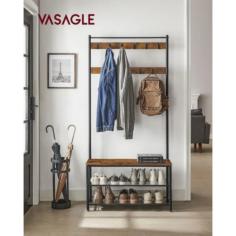 Porte-manteau, Meuble d'entrée avec banc à chaussures, Banc d'entrée avec rangement à chaussures, 3-en-1, Marron rustique et noir