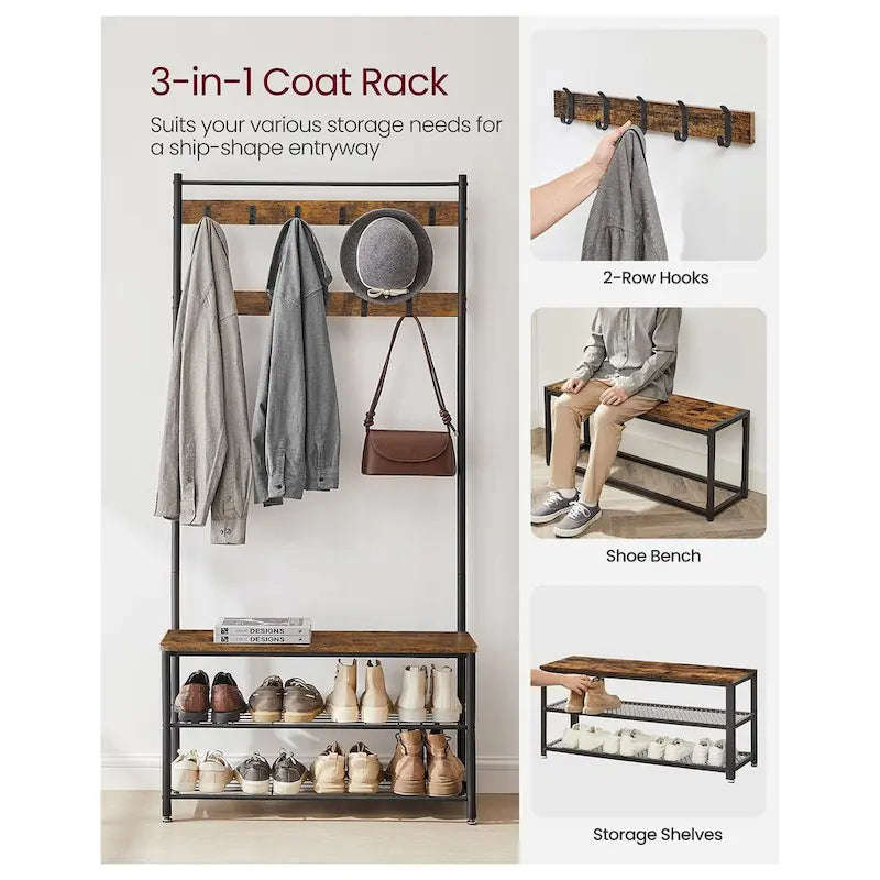 Porte-manteau, Meuble d'entrée avec banc à chaussures, Banc d'entrée avec rangement à chaussures, 3-en-1, Marron rustique et noir
