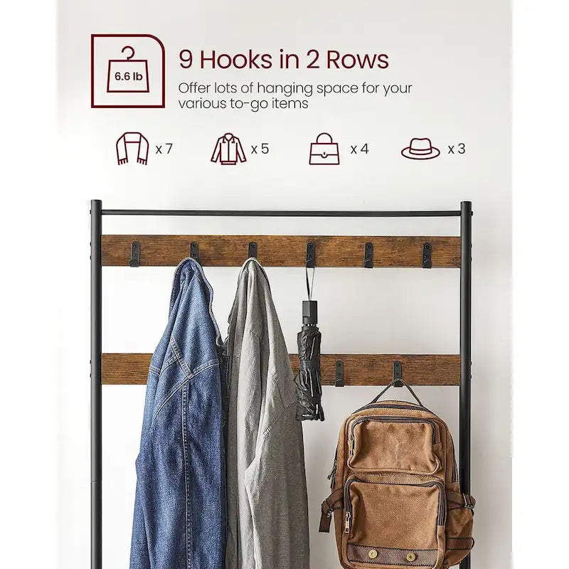 Porte-manteau, Meuble d'entrée avec banc à chaussures, Banc d'entrée avec rangement à chaussures, 3-en-1, Marron rustique et noir