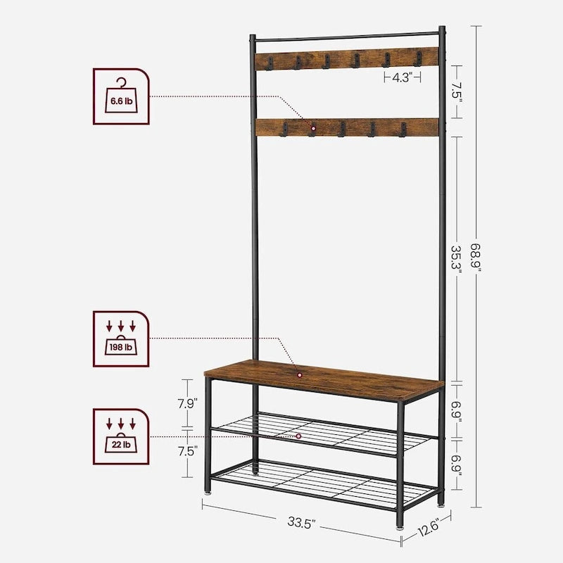 Porte-manteau, Meuble d'entrée avec banc à chaussures, Banc d'entrée avec rangement à chaussures, 3-en-1, Marron rustique et noir