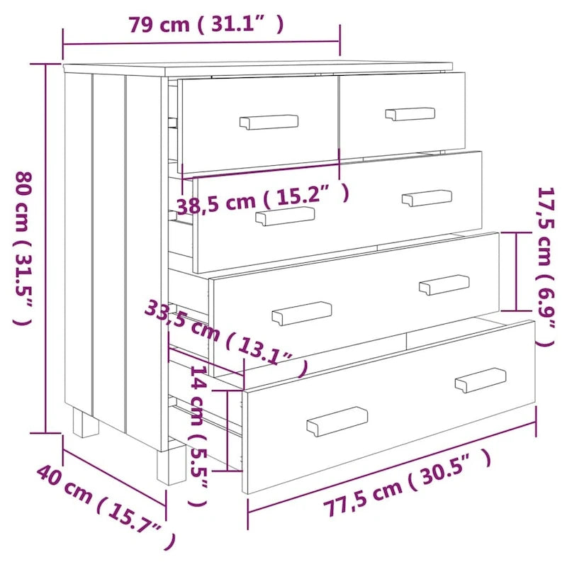 Meuble d'appoint/buffet/console en pin massif avec tiroirs, 79x40x80 cm