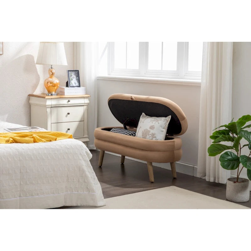 Banc de rangement en tissu de velours Banc de chambre à coucher avec pieds en bois pour salon, chambre à coucher, intérieur