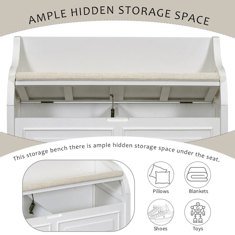 Banc de rangement multifonctionnel en bois massif de style rustique pour entrée avec charnière de sécurité