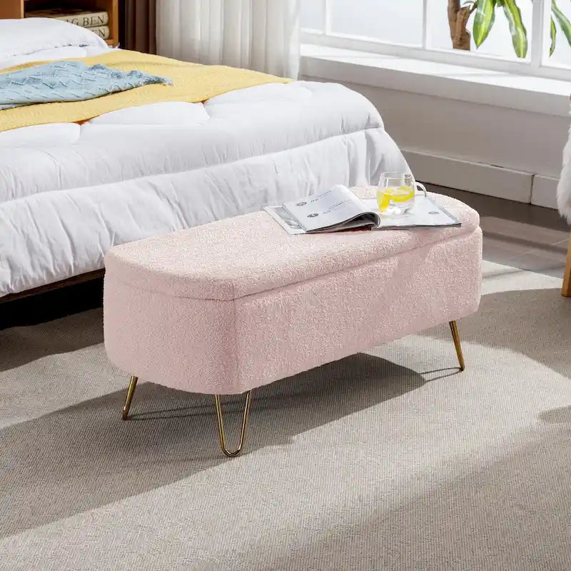 Banc ottoman de rangement avec pieds dorés pour bout de lit, banc d'entrée en fausse fourrure rembourré avec rangement pour salon et chambre à coucher