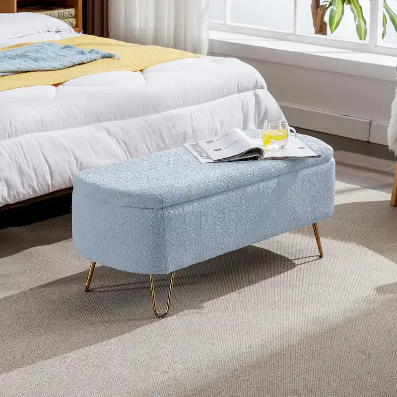 Banc ottoman de rangement avec pieds dorés pour bout de lit, banc d'entrée en fausse fourrure rembourré avec rangement pour salon et chambre à coucher