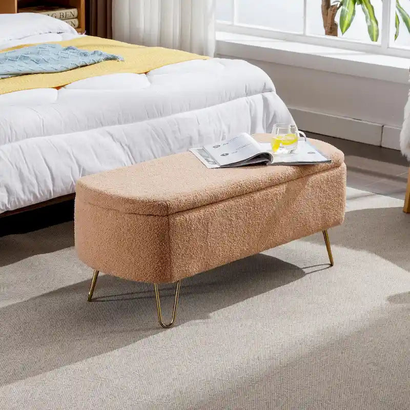 Banc ottoman de rangement avec pieds dorés pour bout de lit, banc d'entrée en fausse fourrure rembourré avec rangement pour salon et chambre à coucher