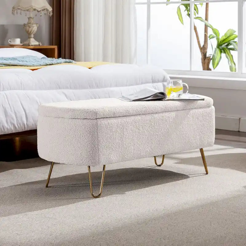 Banc ottoman de rangement avec pieds dorés pour bout de lit, banc d'entrée en fausse fourrure rembourré avec rangement pour salon et chambre à coucher
