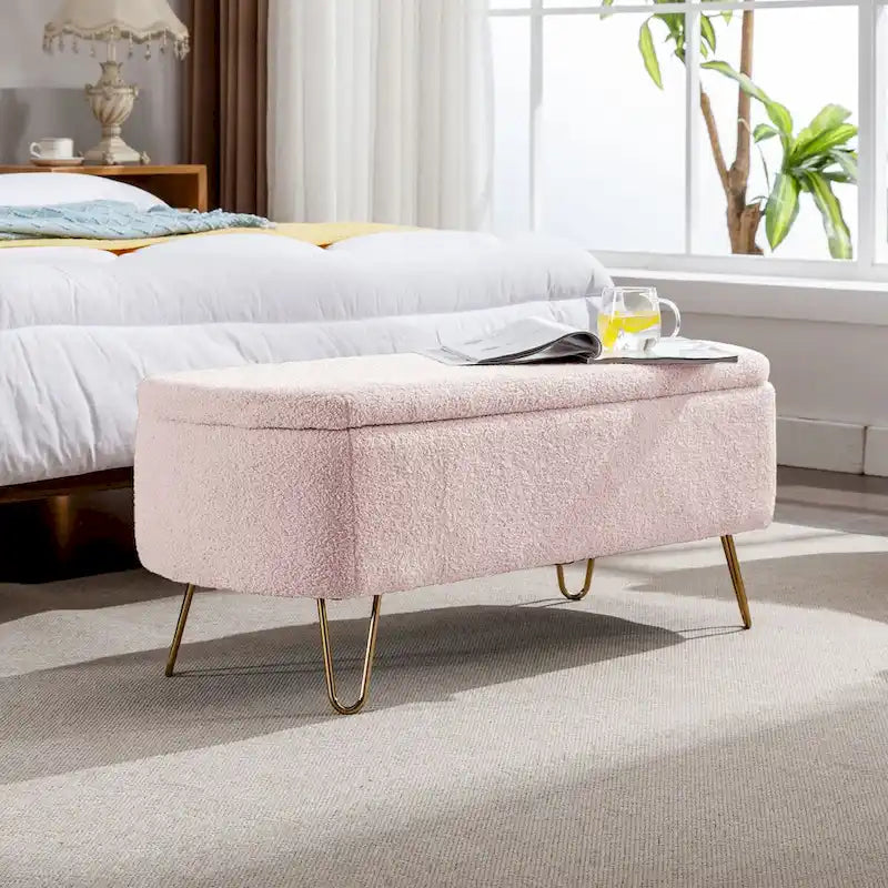 Banc ottoman de rangement avec pieds dorés pour bout de lit, banc d'entrée en fausse fourrure rembourré avec rangement pour salon et chambre à coucher