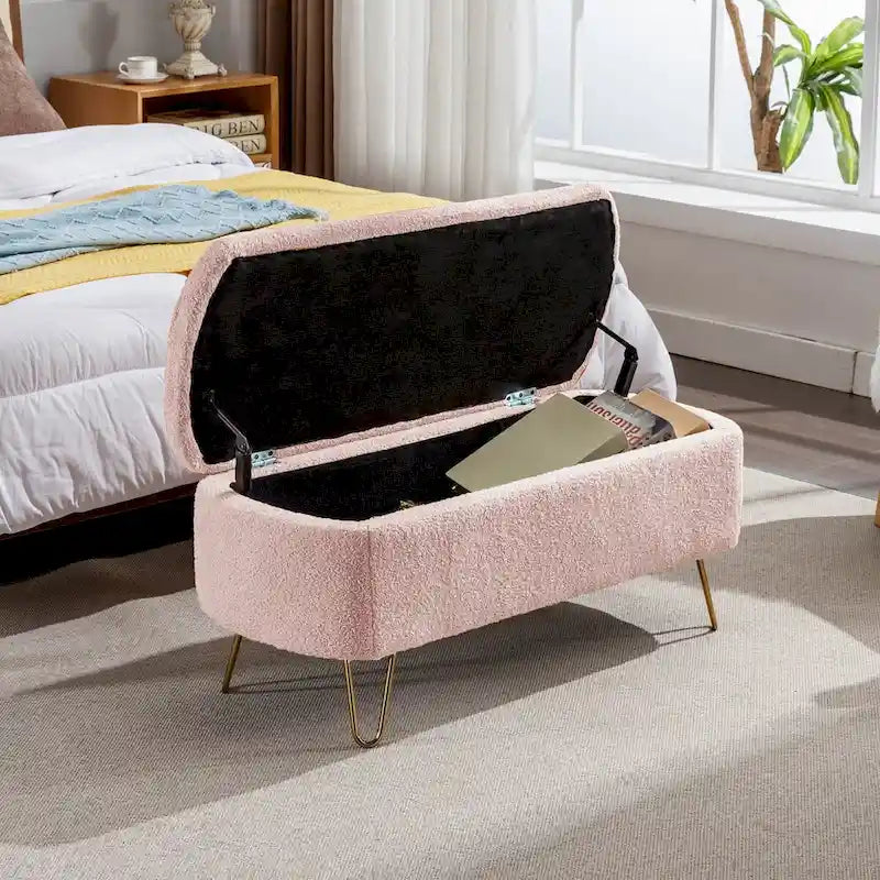 Banc ottoman de rangement avec pieds dorés pour bout de lit, banc d'entrée en fausse fourrure rembourré avec rangement pour salon et chambre à coucher