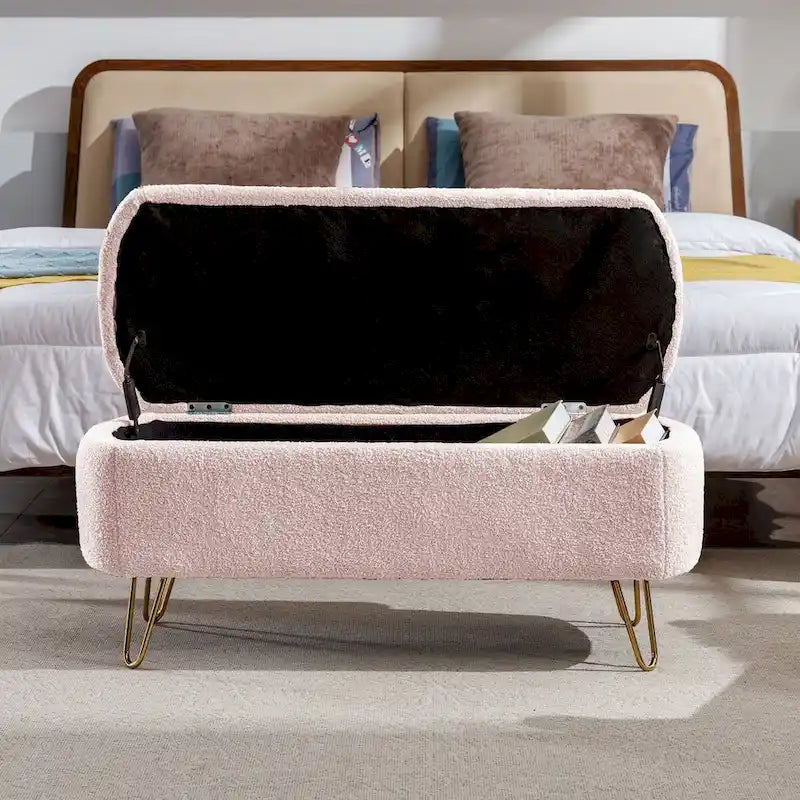 Banc ottoman de rangement avec pieds dorés pour bout de lit, banc d'entrée en fausse fourrure rembourré avec rangement pour salon et chambre à coucher