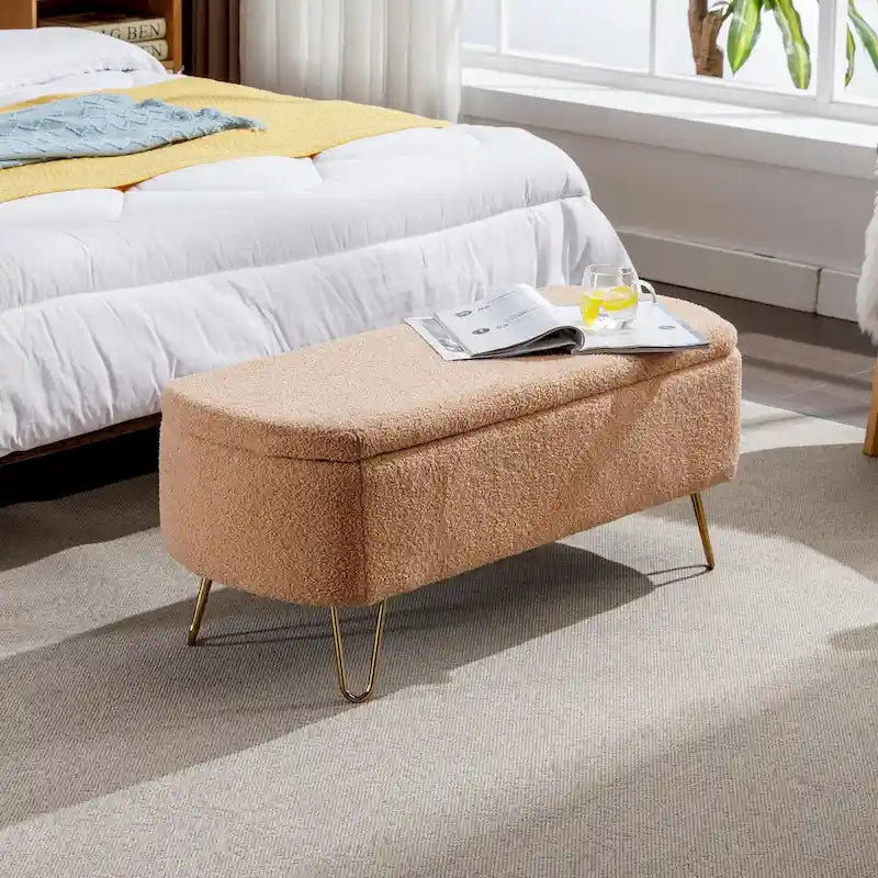 Banc ottoman de rangement avec pieds dorés pour bout de lit, banc d'entrée en fausse fourrure rembourré avec rangement pour salon et chambre à coucher