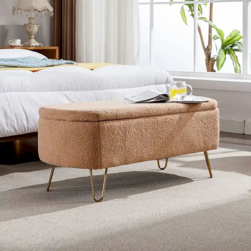 Banc ottoman de rangement avec pieds dorés pour bout de lit, banc d'entrée en fausse fourrure rembourré avec rangement pour salon et chambre à coucher