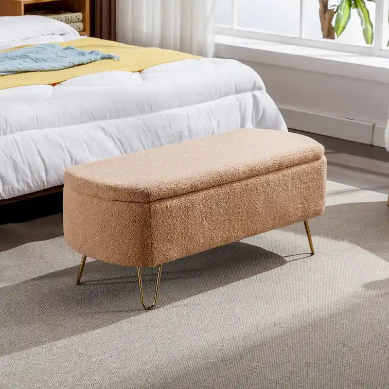 Banc ottoman de rangement avec pieds dorés pour bout de lit, banc d'entrée en fausse fourrure rembourré avec rangement pour salon et chambre à coucher