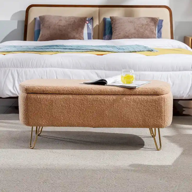 Banc ottoman de rangement avec pieds dorés pour bout de lit, banc d'entrée en fausse fourrure rembourré avec rangement pour salon et chambre à coucher