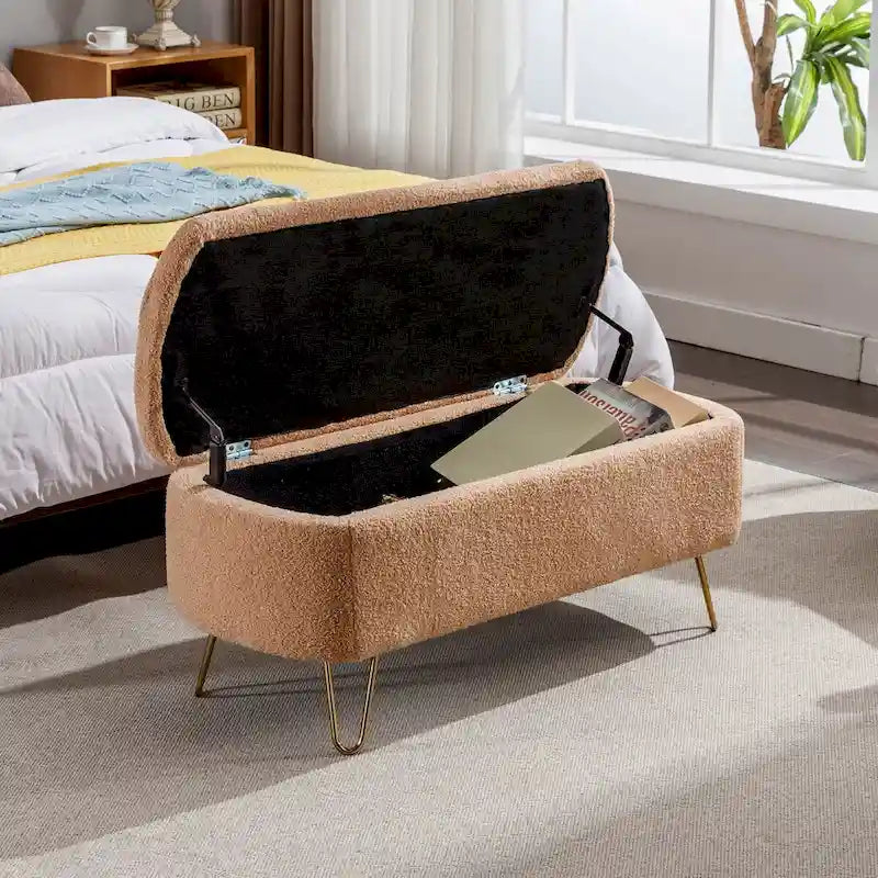 Banc ottoman de rangement avec pieds dorés pour bout de lit, banc d'entrée en fausse fourrure rembourré avec rangement pour salon et chambre à coucher