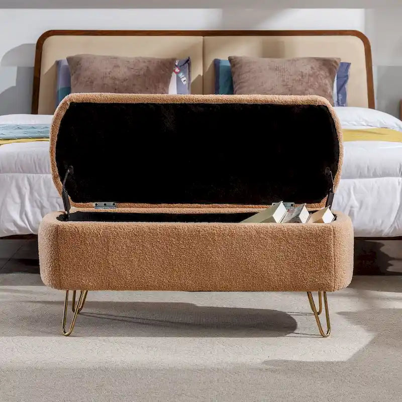Banc ottoman de rangement avec pieds dorés pour bout de lit, banc d'entrée en fausse fourrure rembourré avec rangement pour salon et chambre à coucher