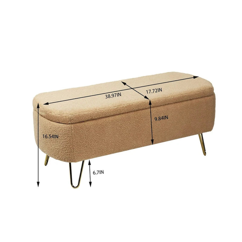 Banc ottoman de rangement avec pieds dorés pour bout de lit, banc d'entrée en fausse fourrure rembourré avec rangement pour salon et chambre à coucher