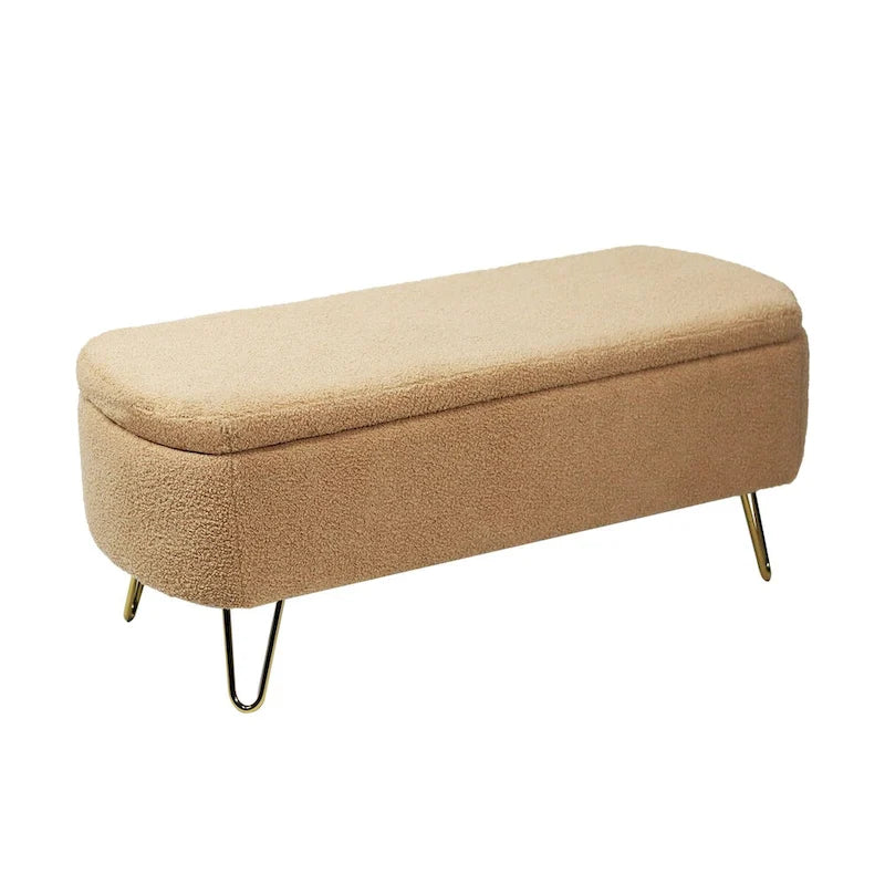 Banc ottoman de rangement avec pieds dorés pour bout de lit, banc d'entrée en fausse fourrure rembourré avec rangement pour salon et chambre à coucher