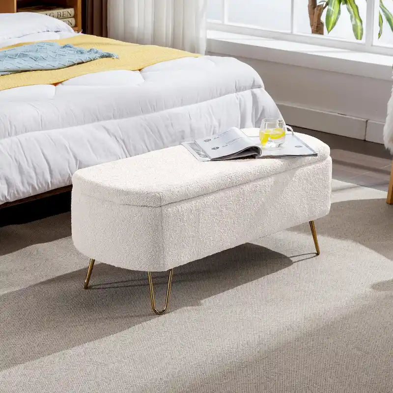 Banc ottoman de rangement avec pieds dorés pour bout de lit, banc d'entrée en fausse fourrure rembourré avec rangement pour salon et chambre à coucher