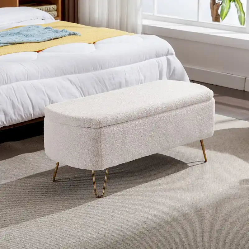 Banc ottoman de rangement avec pieds dorés pour bout de lit, banc d'entrée en fausse fourrure rembourré avec rangement pour salon et chambre à coucher