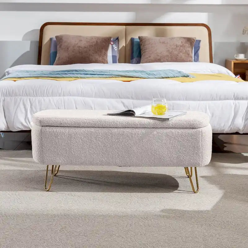 Banc ottoman de rangement avec pieds dorés pour bout de lit, banc d'entrée en fausse fourrure rembourré avec rangement pour salon et chambre à coucher