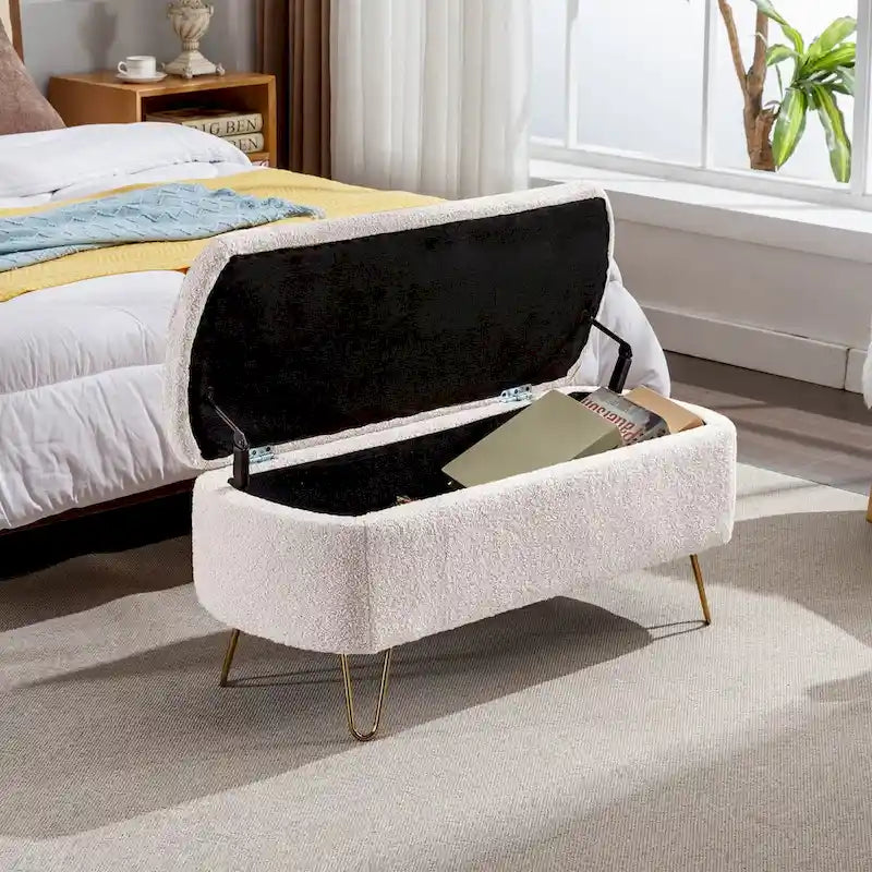 Banc ottoman de rangement avec pieds dorés pour bout de lit, banc d'entrée en fausse fourrure rembourré avec rangement pour salon et chambre à coucher