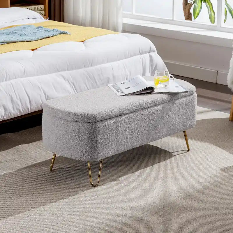 Banc ottoman de rangement avec pieds dorés pour bout de lit, banc d'entrée en fausse fourrure rembourré avec rangement pour salon et chambre à coucher