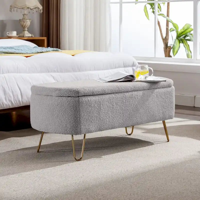 Banc ottoman de rangement avec pieds dorés pour bout de lit, banc d'entrée en fausse fourrure rembourré avec rangement pour salon et chambre à coucher
