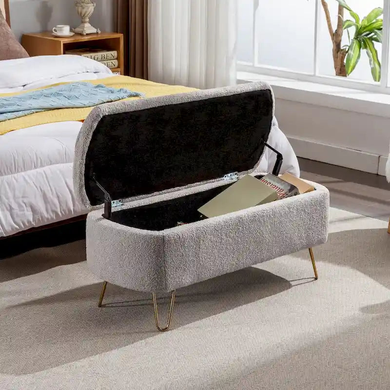 Banc ottoman de rangement avec pieds dorés pour bout de lit, banc d'entrée en fausse fourrure rembourré avec rangement pour salon et chambre à coucher