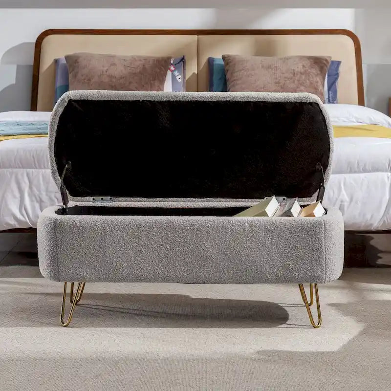 Banc ottoman de rangement avec pieds dorés pour bout de lit, banc d'entrée en fausse fourrure rembourré avec rangement pour salon et chambre à coucher
