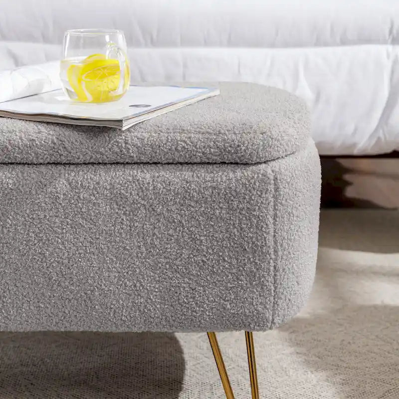 Banc ottoman de rangement avec pieds dorés pour bout de lit, banc d'entrée en fausse fourrure rembourré avec rangement pour salon et chambre à coucher
