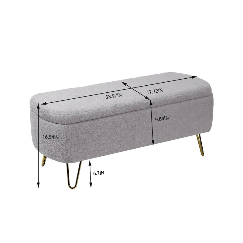 Banc ottoman de rangement avec pieds dorés pour bout de lit, banc d'entrée en fausse fourrure rembourré avec rangement pour salon et chambre à coucher
