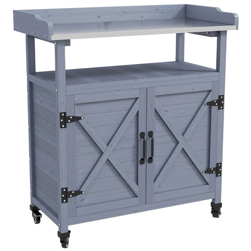 Banc de rempotage d'extérieur, Table de rempotage en bois avec armoire de rangement, Plateau en aluminium, Roues en caoutchouc pour terrasse, balcon