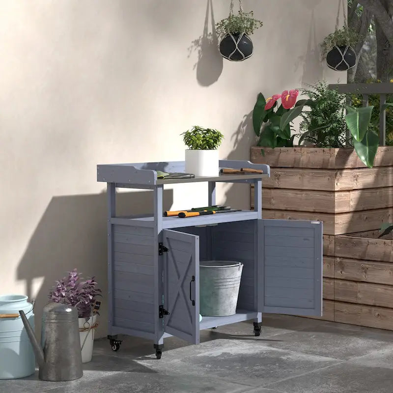 Banc de rempotage d'extérieur, Table de rempotage en bois avec armoire de rangement, Plateau en aluminium, Roues en caoutchouc pour terrasse, balcon