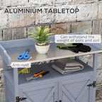 Banc de rempotage d'extérieur, Table de rempotage en bois avec armoire de rangement, Plateau en aluminium, Roues en caoutchouc pour terrasse, balcon