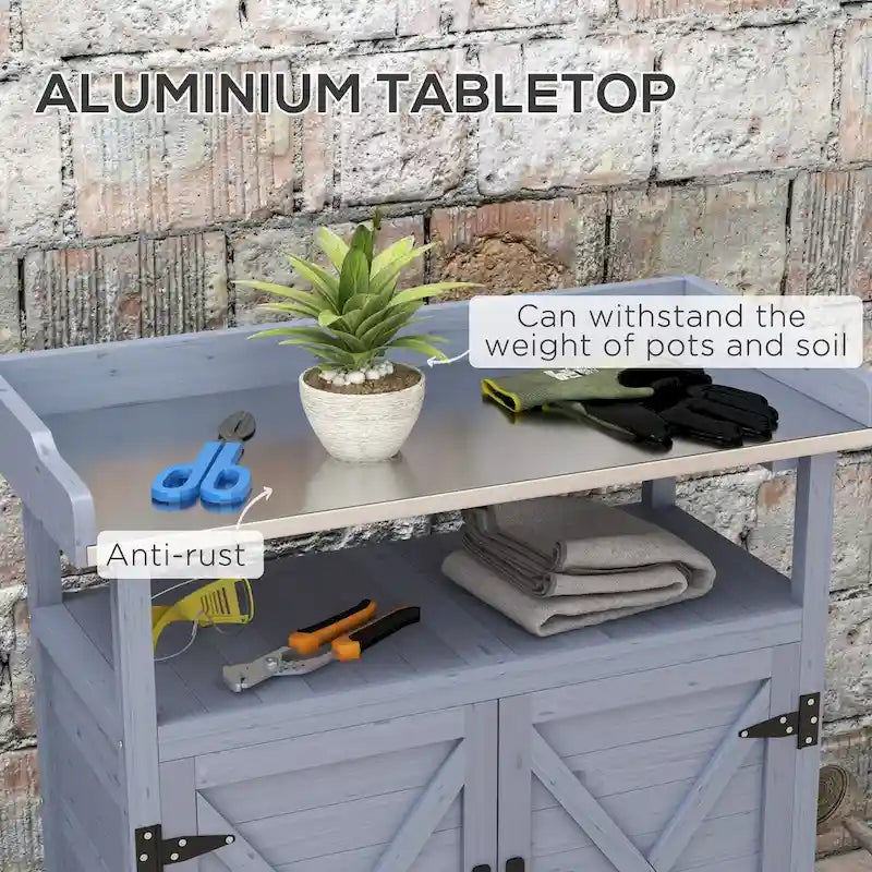Banc de rempotage d'extérieur, Table de rempotage en bois avec armoire de rangement, Plateau en aluminium, Roues en caoutchouc pour terrasse, balcon