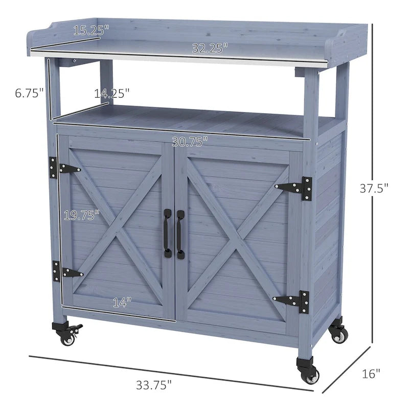 Banc de rempotage d'extérieur, Table de rempotage en bois avec armoire de rangement, Plateau en aluminium, Roues en caoutchouc pour terrasse, balcon