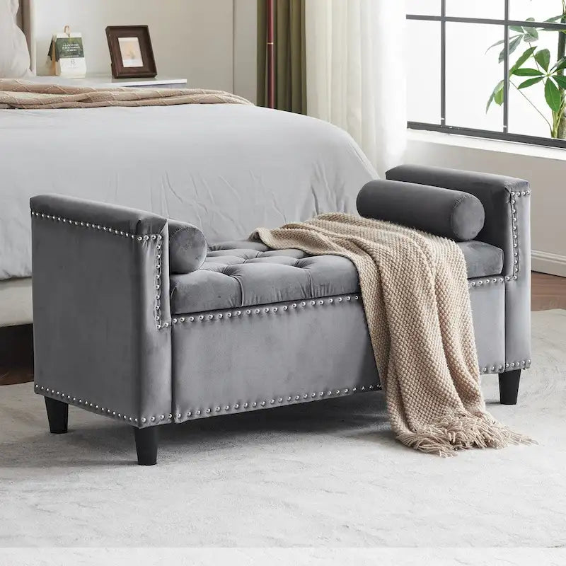 Banc de rangement, banc de lit queen en velours capitonné de 113 cm, banc d'entrée/salon avec accoudoirs, garniture cloutée