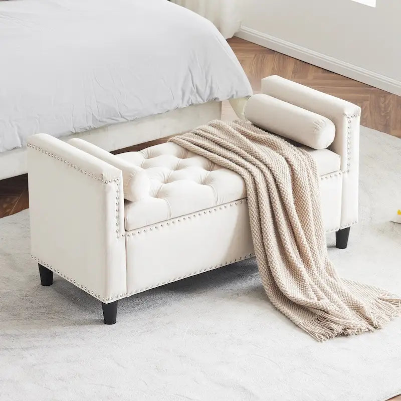 Banc de rangement, banc de lit queen en velours capitonné de 113 cm, banc d'entrée/salon avec accoudoirs, garniture cloutée
