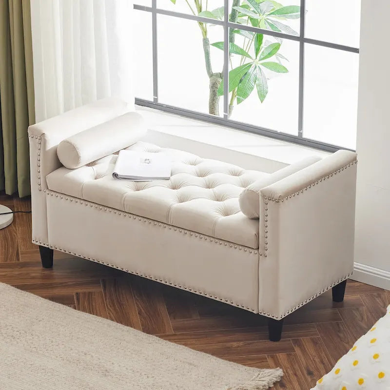 Banc de rangement, banc de lit queen en velours capitonné de 113 cm, banc d'entrée/salon avec accoudoirs, garniture cloutée
