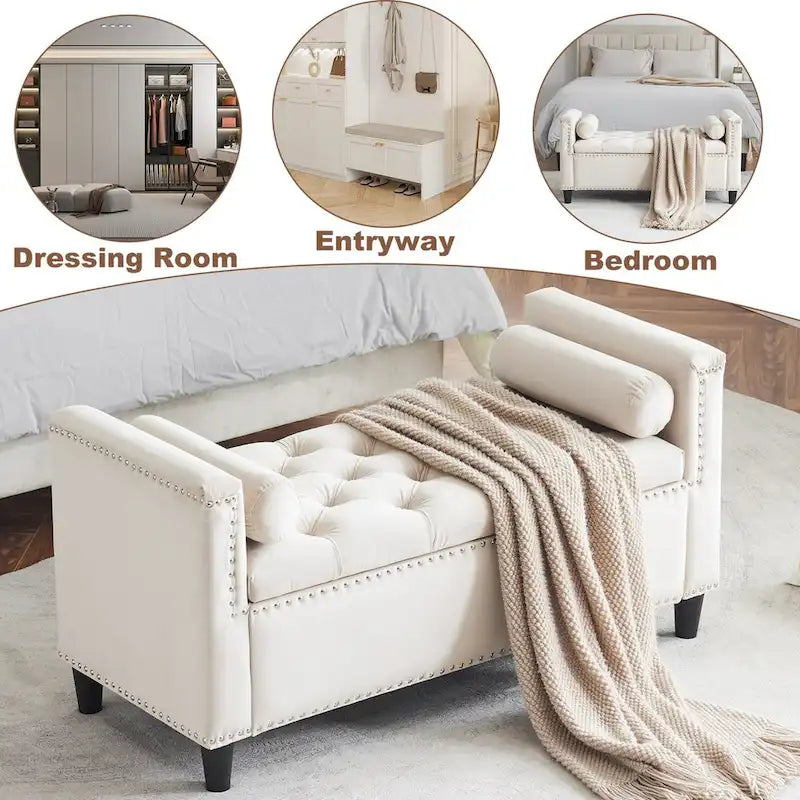 Banc de rangement, banc de lit queen en velours capitonné de 113 cm, banc d'entrée/salon avec accoudoirs, garniture cloutée