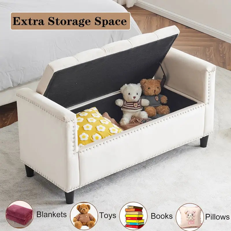 Banc de rangement, banc de lit queen en velours capitonné de 113 cm, banc d'entrée/salon avec accoudoirs, garniture cloutée