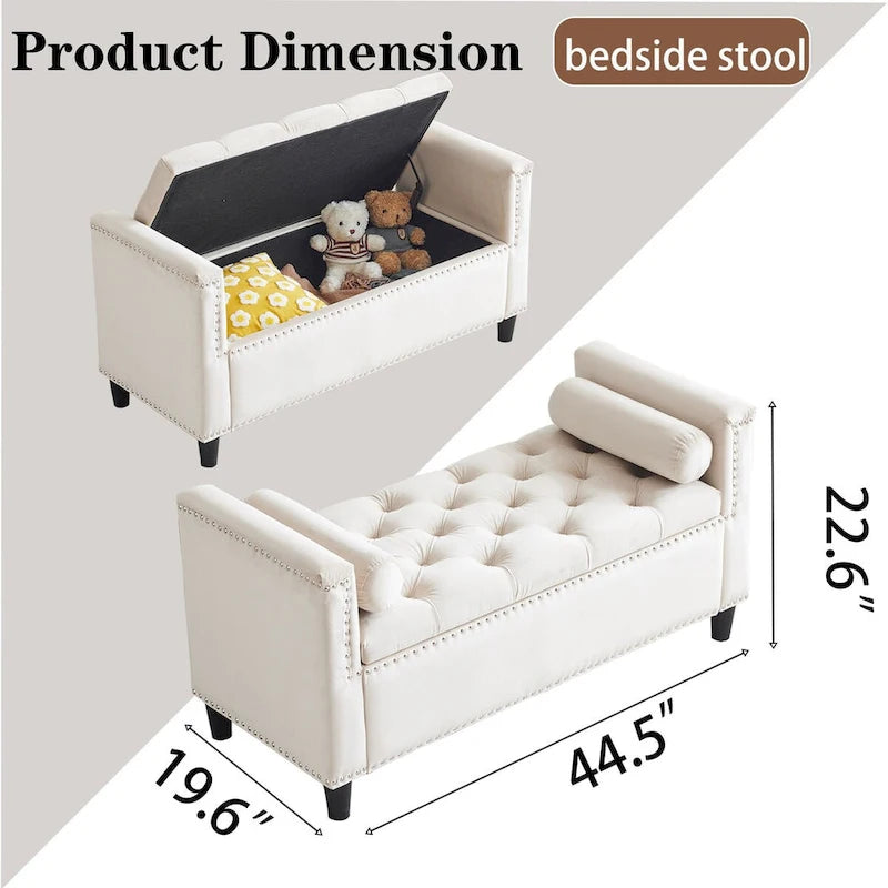 Banc de rangement, banc de lit queen en velours capitonné de 113 cm, banc d'entrée/salon avec accoudoirs, garniture cloutée