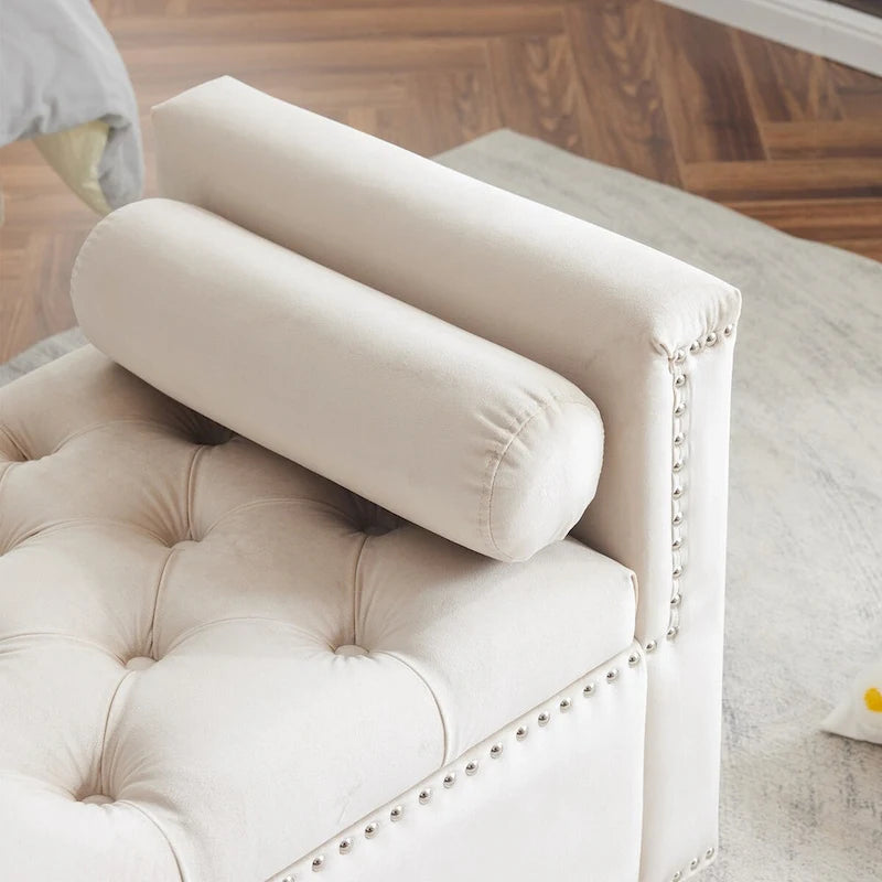 Banc de rangement, banc de lit queen en velours capitonné de 113 cm, banc d'entrée/salon avec accoudoirs, garniture cloutée