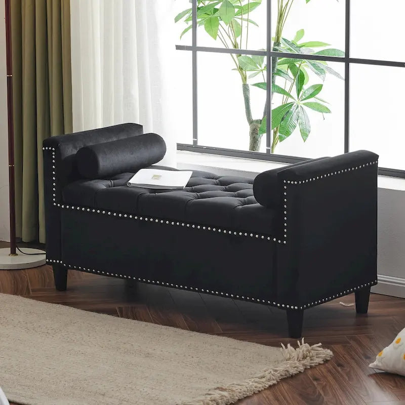 Banc de rangement, banc de lit queen en velours capitonné de 113 cm, banc d'entrée/salon avec accoudoirs, garniture cloutée