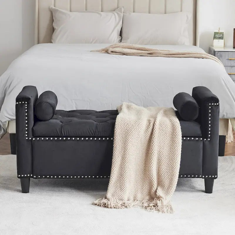 Banc de rangement, banc de lit queen en velours capitonné de 113 cm, banc d'entrée/salon avec accoudoirs, garniture cloutée